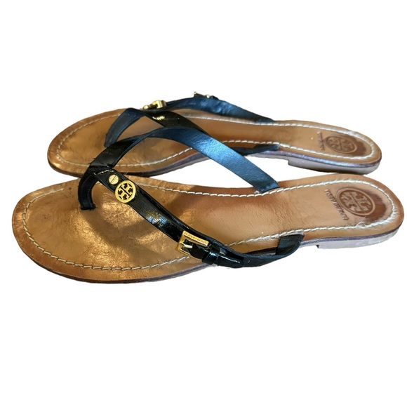 Tory Burch Saffiano Leather Monogram Flat Thong Sandals Size 9 - Picture 5 of 11